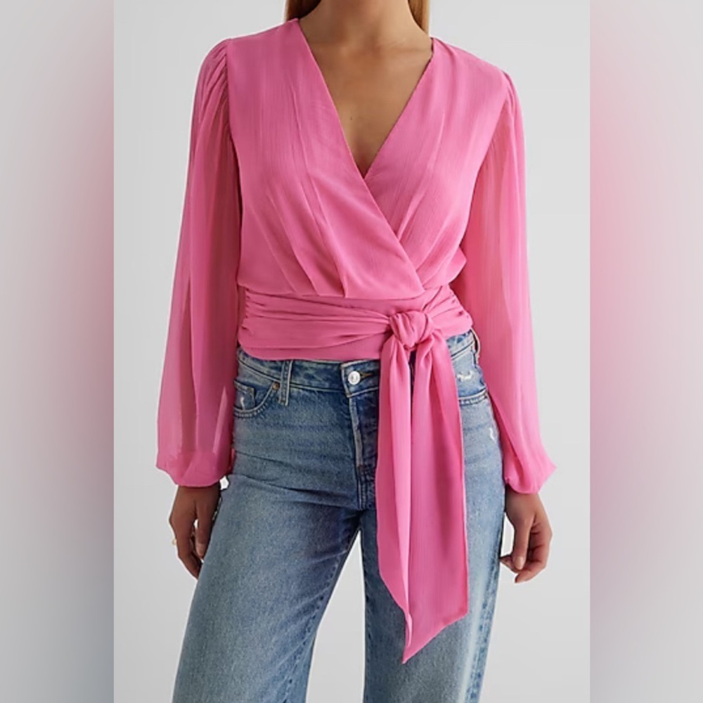 Express - NEW - V-Neck Faux Wrap Tie Waist Top. Color:  Neon Pink 311. Small.